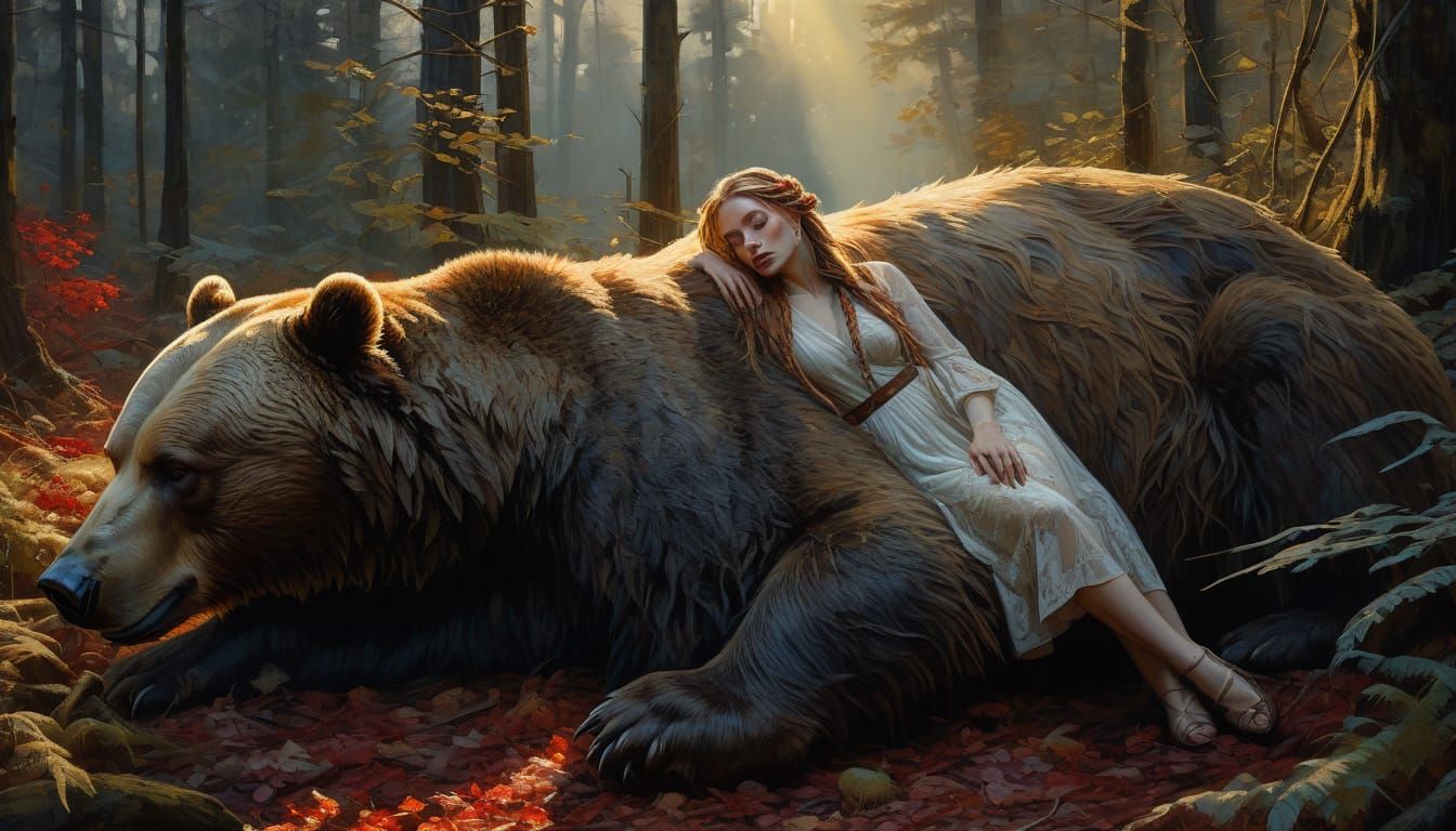 Woman With Bear in Foggy Forest, Watercolor & Ink Style