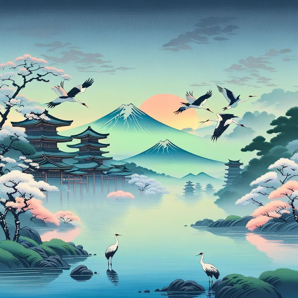 Ukiyo-e Retrofuturistic Japanese Neon Landscape