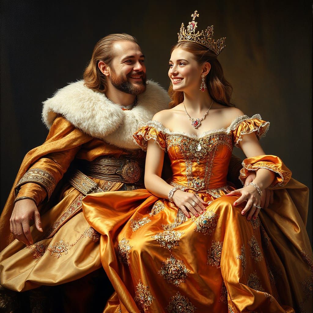 Medieval Princess in Golden Ball Gown, Adorned with Exquisit...