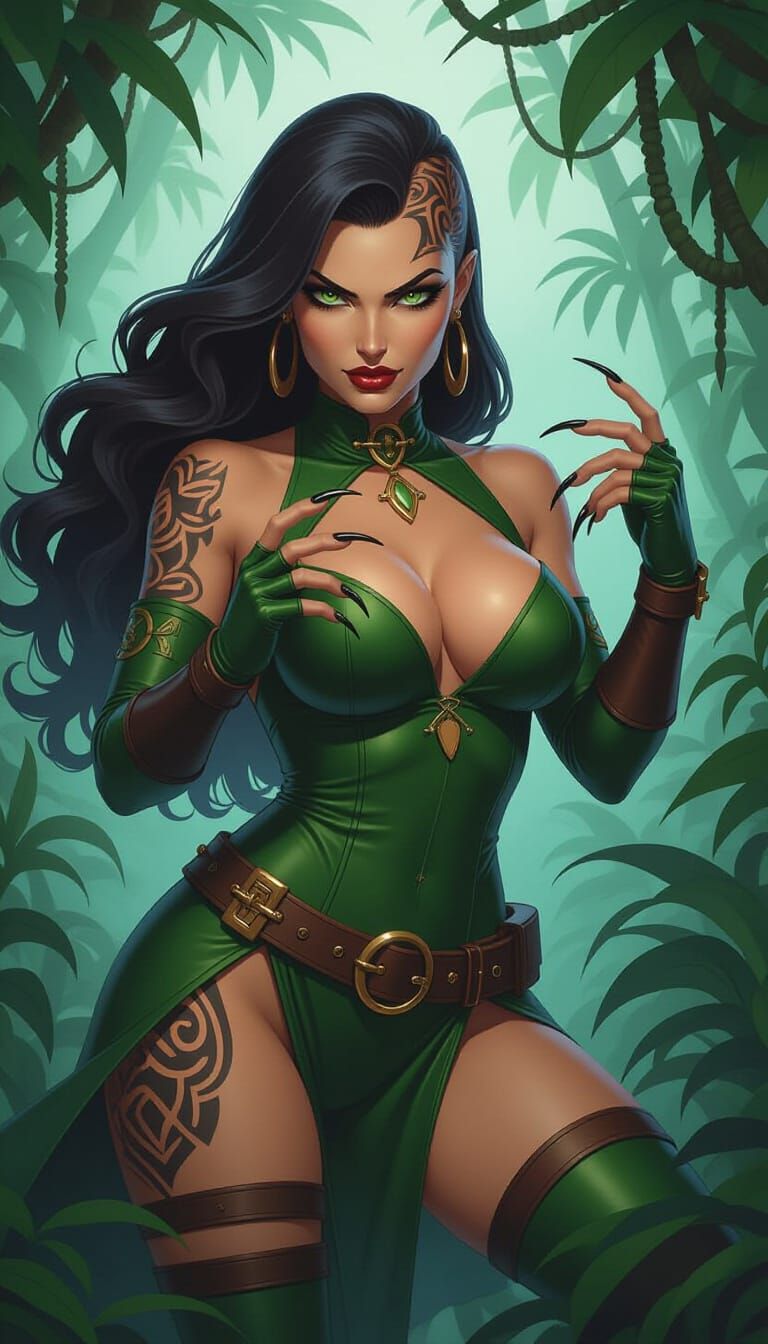 Super Villain in Jungle, Mignola Style Oil Painting