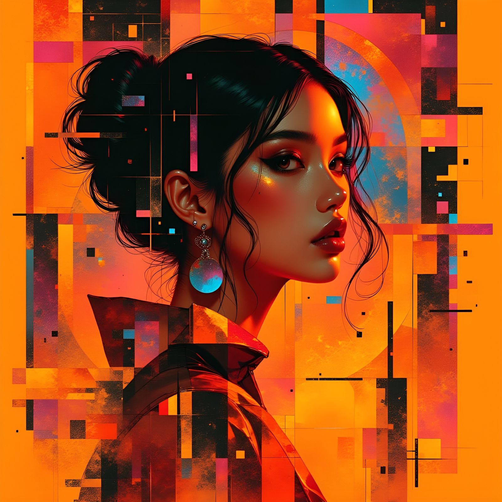 Neon Glitch Art Portrait of a Woman