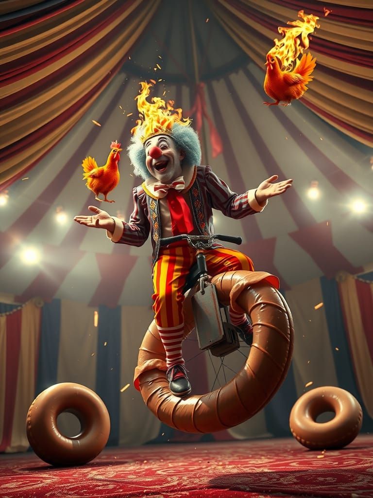 Clown Juggles Flaming Chickens on Donut Unicycle