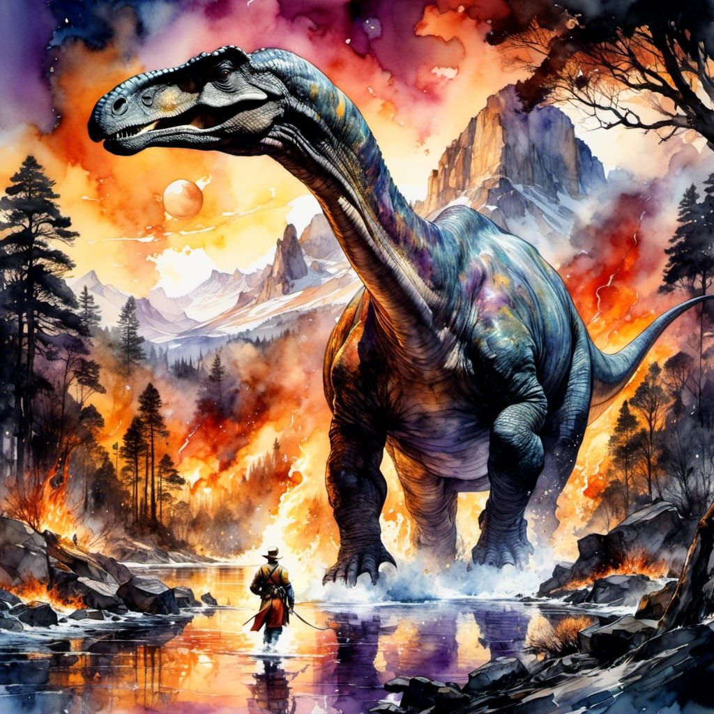 Double Exposure: Brontosaurus and Asteroid in Apocalyptic La...