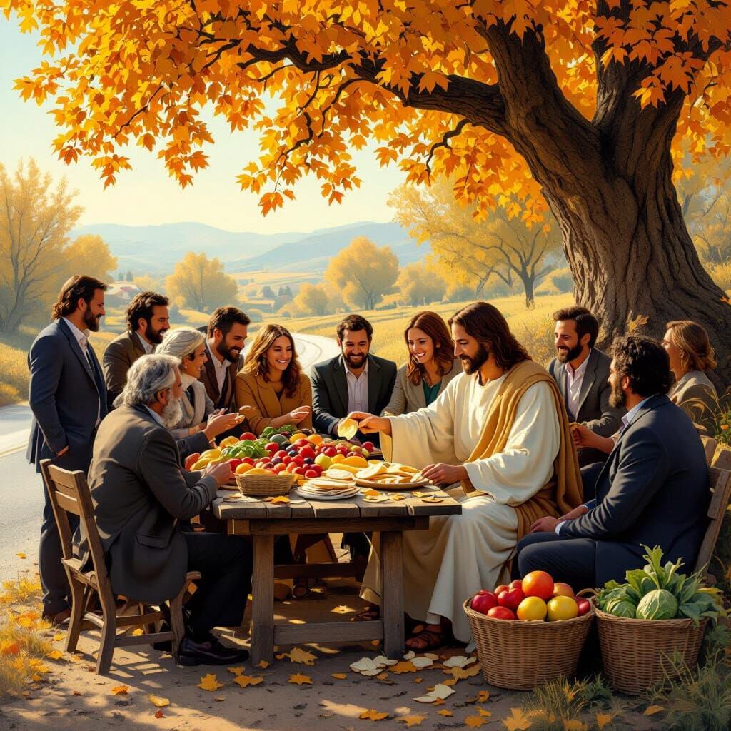 Jesus Shares Food Under Golden Tree in Renaissance Style