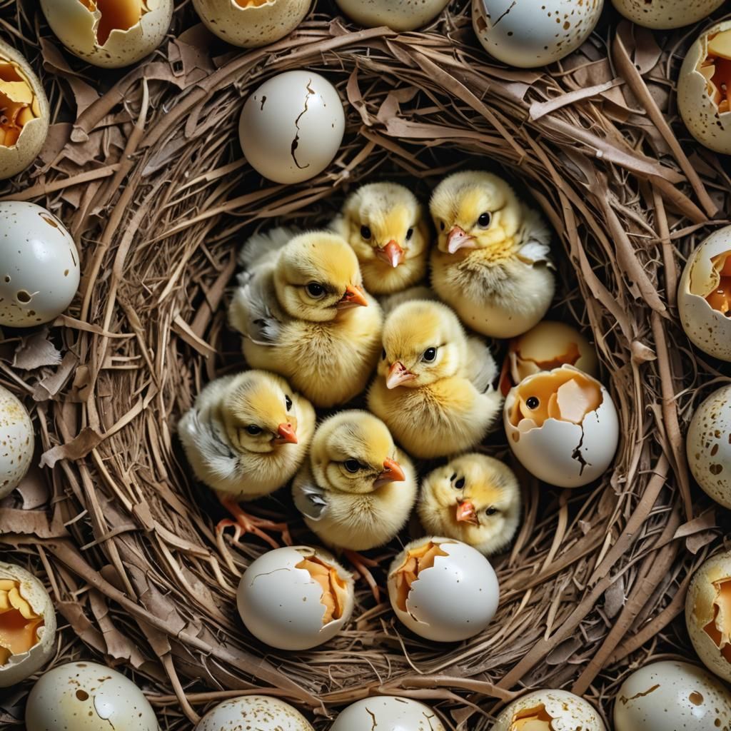 Newborn Chicks in Cracked Eggs: Hyperrealistic Image