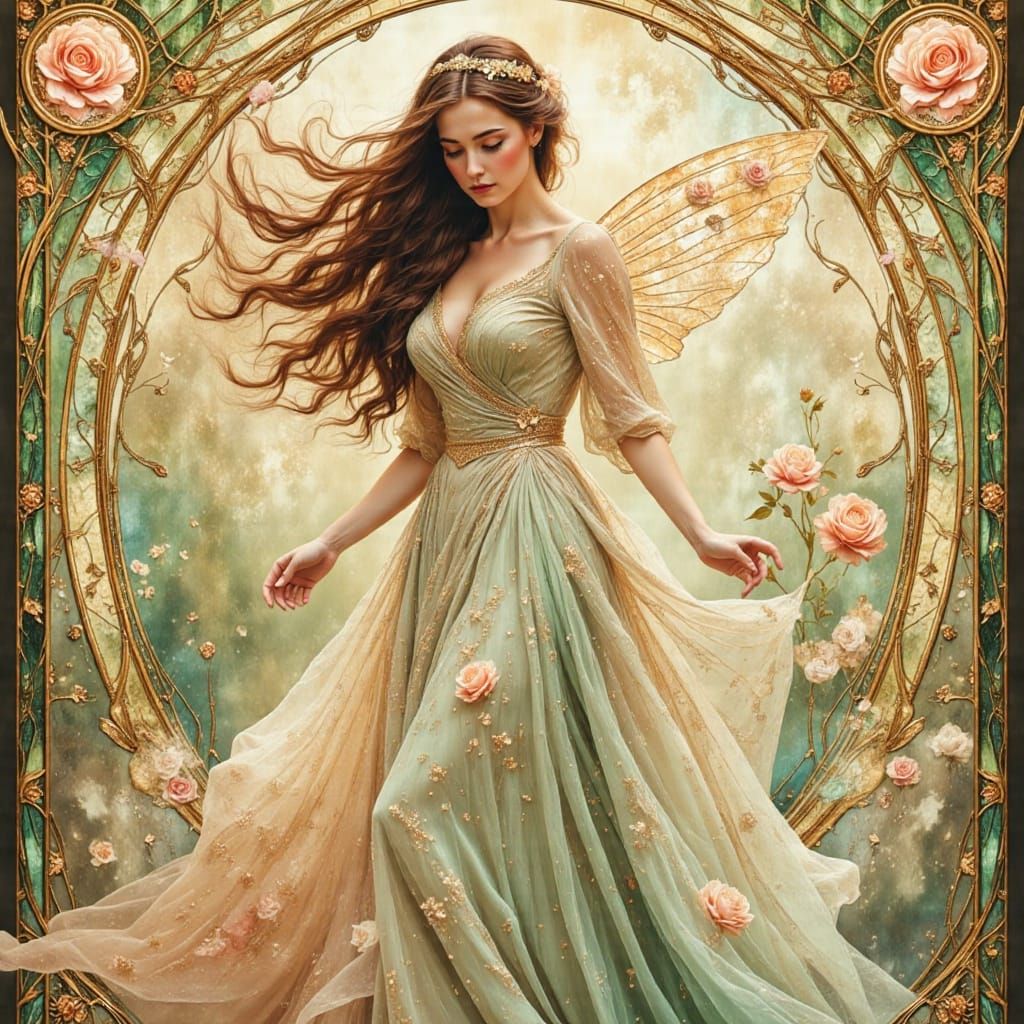 Art Nouveau Flower Fairy Portrait with Stained Glass Wings