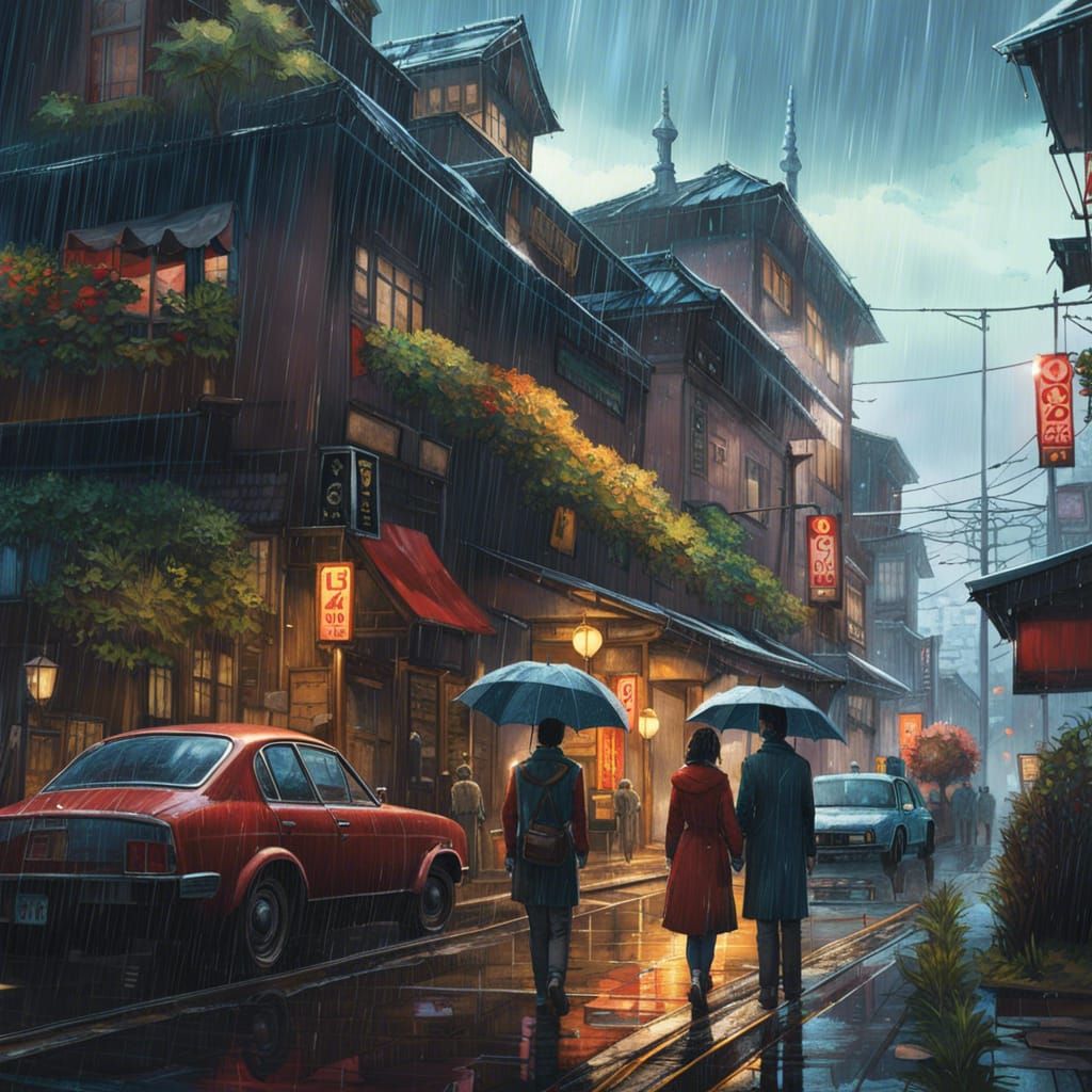 Married Couple in Rainy City: Digital Illustration