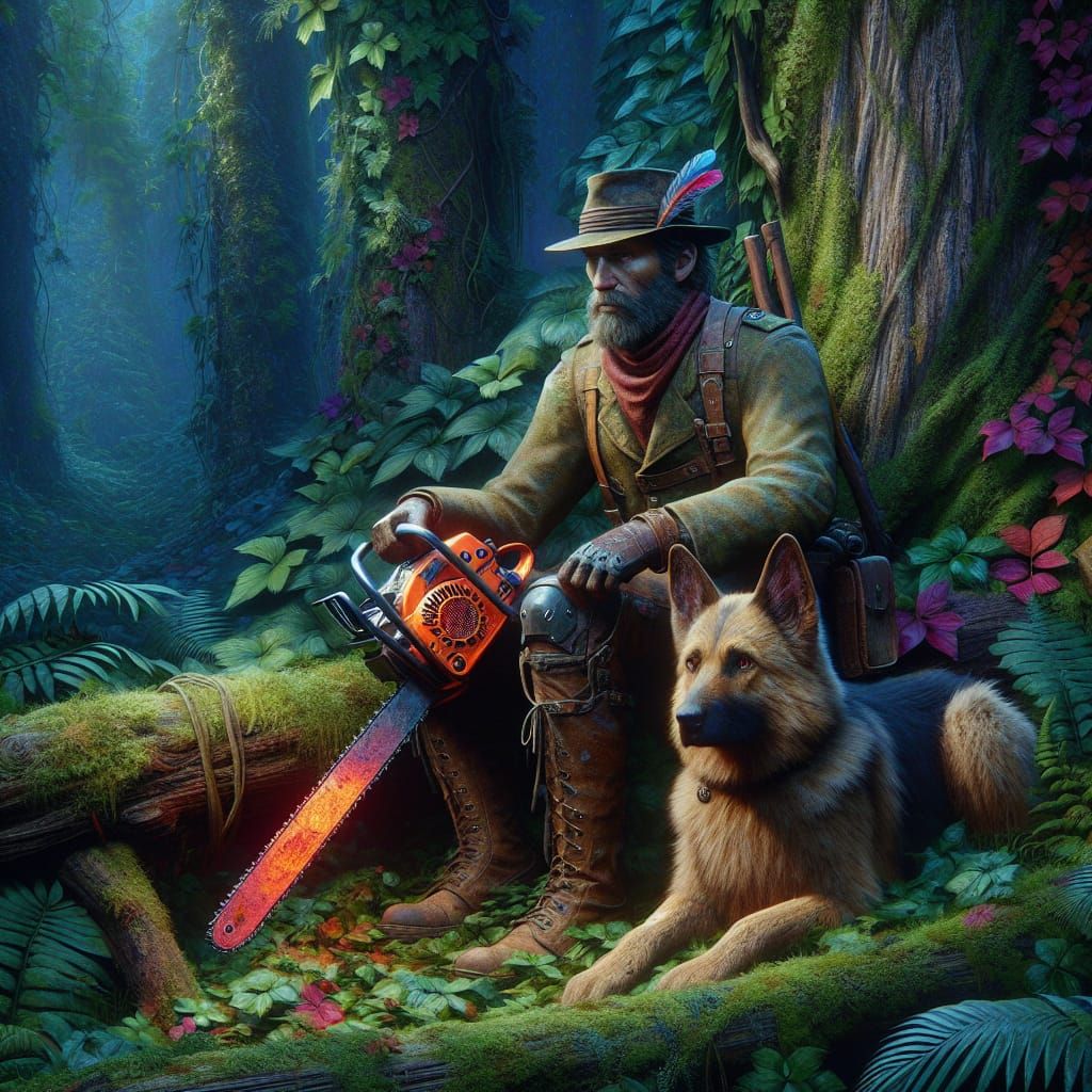 Hunter with Chainsaw in Central European Forest