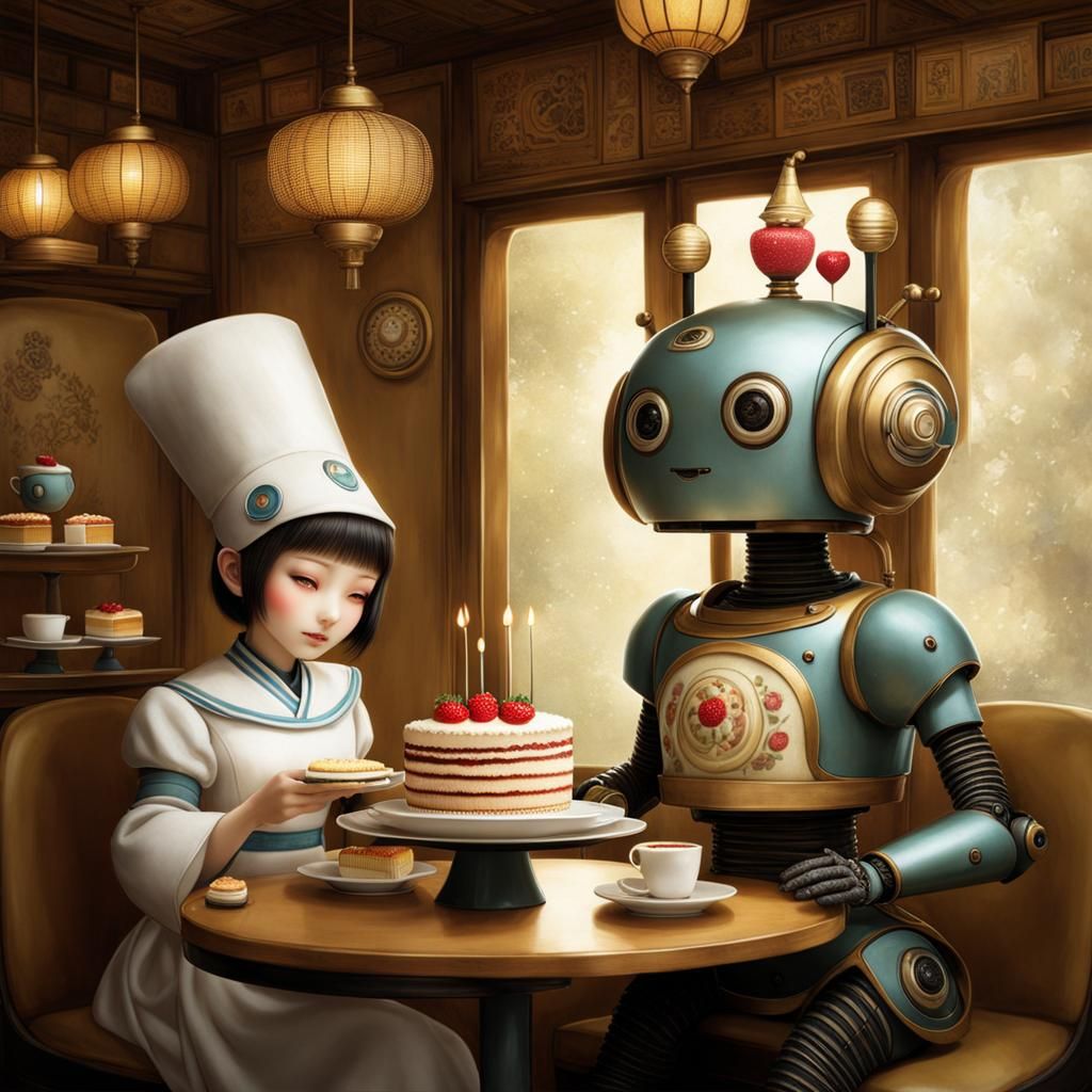 Robot Maid Serves Cake in Cosy Cafe