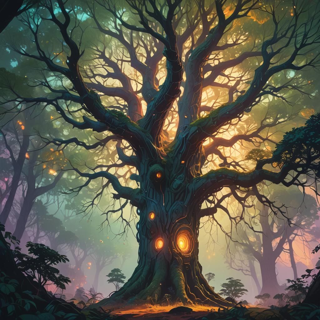 Glowing Tree in Mystical Forest: Ethereal Concept Art