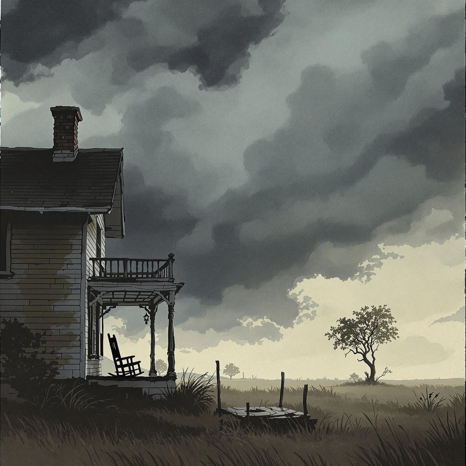 Desolate Farmhouse Silhouetted Against Stormy Sky in Waterco...