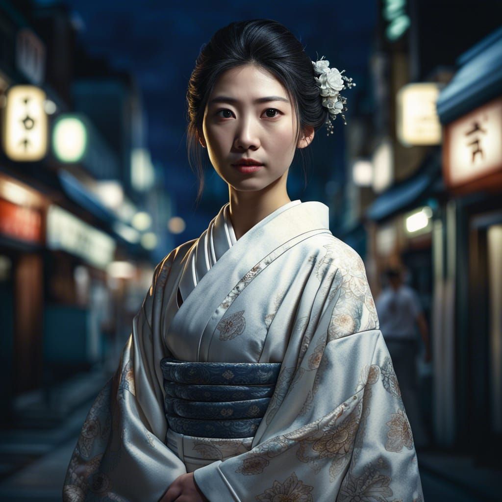 Geisha in Rococo Kimono, Hyperrealistic Portrait