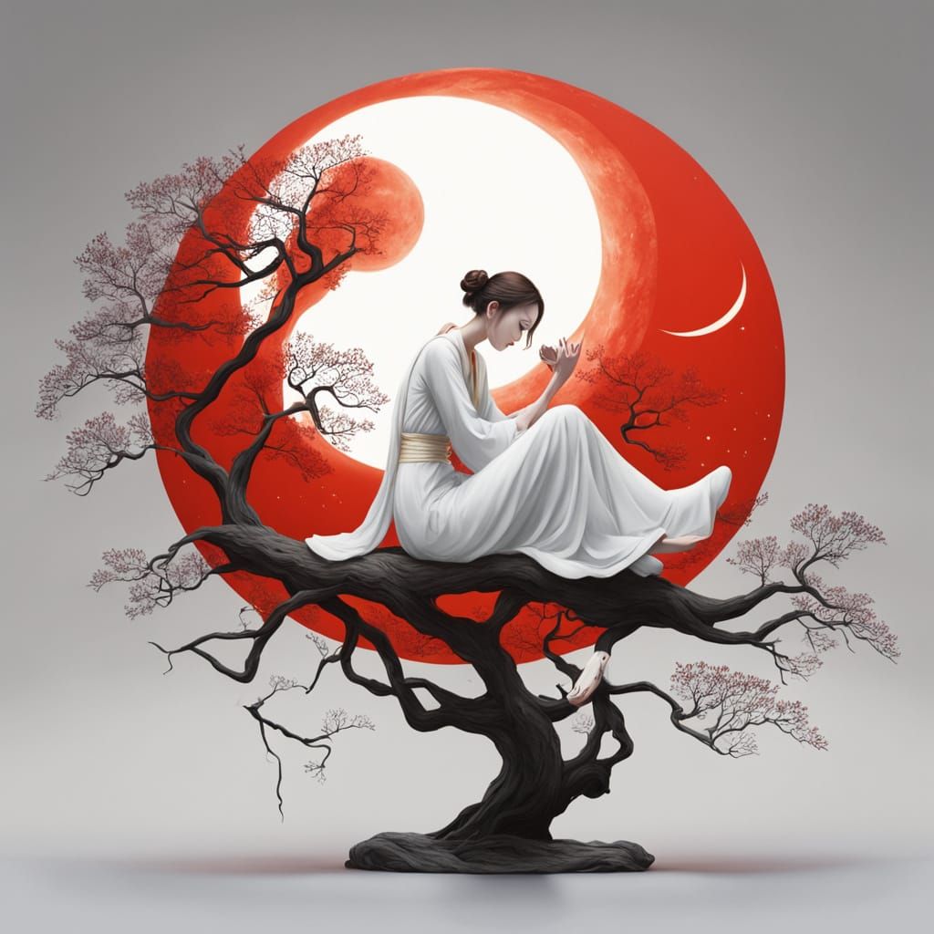 Surreal Figure on Branch Beneath Red Moon