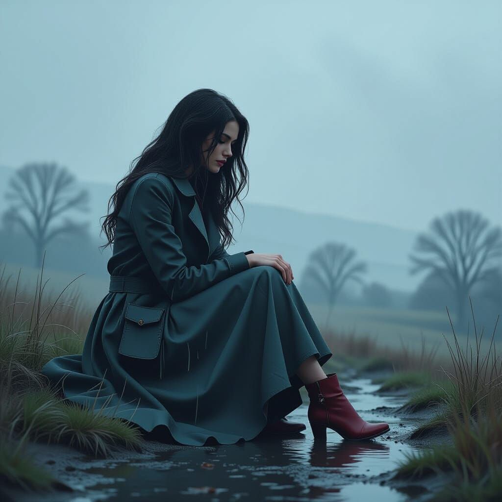 Contemplative Woman in Stormy Landscape, Digital Art