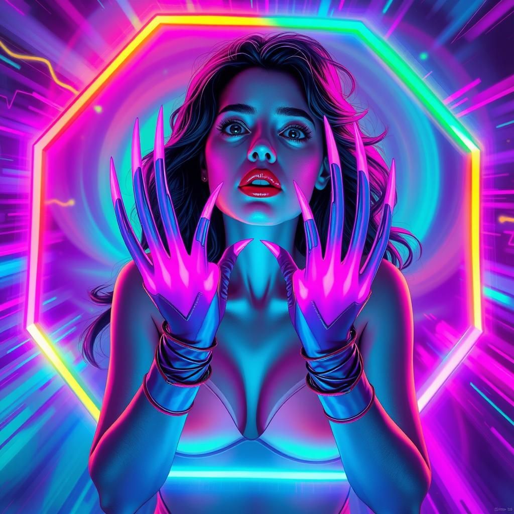 Neon Woman in Hexagon Tunnel, Futuristic Concept Art
