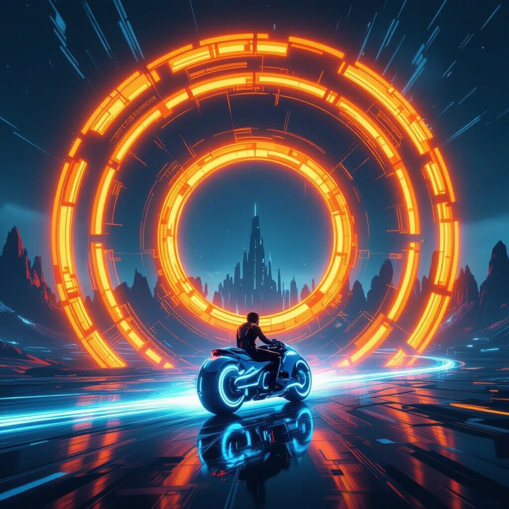 Tron Legacy Style Poster: Orange Disk and Blue Lightcycle