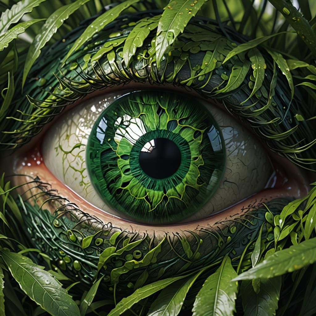 Hyperrealistic Green Eyeball Surrounded by Wind
