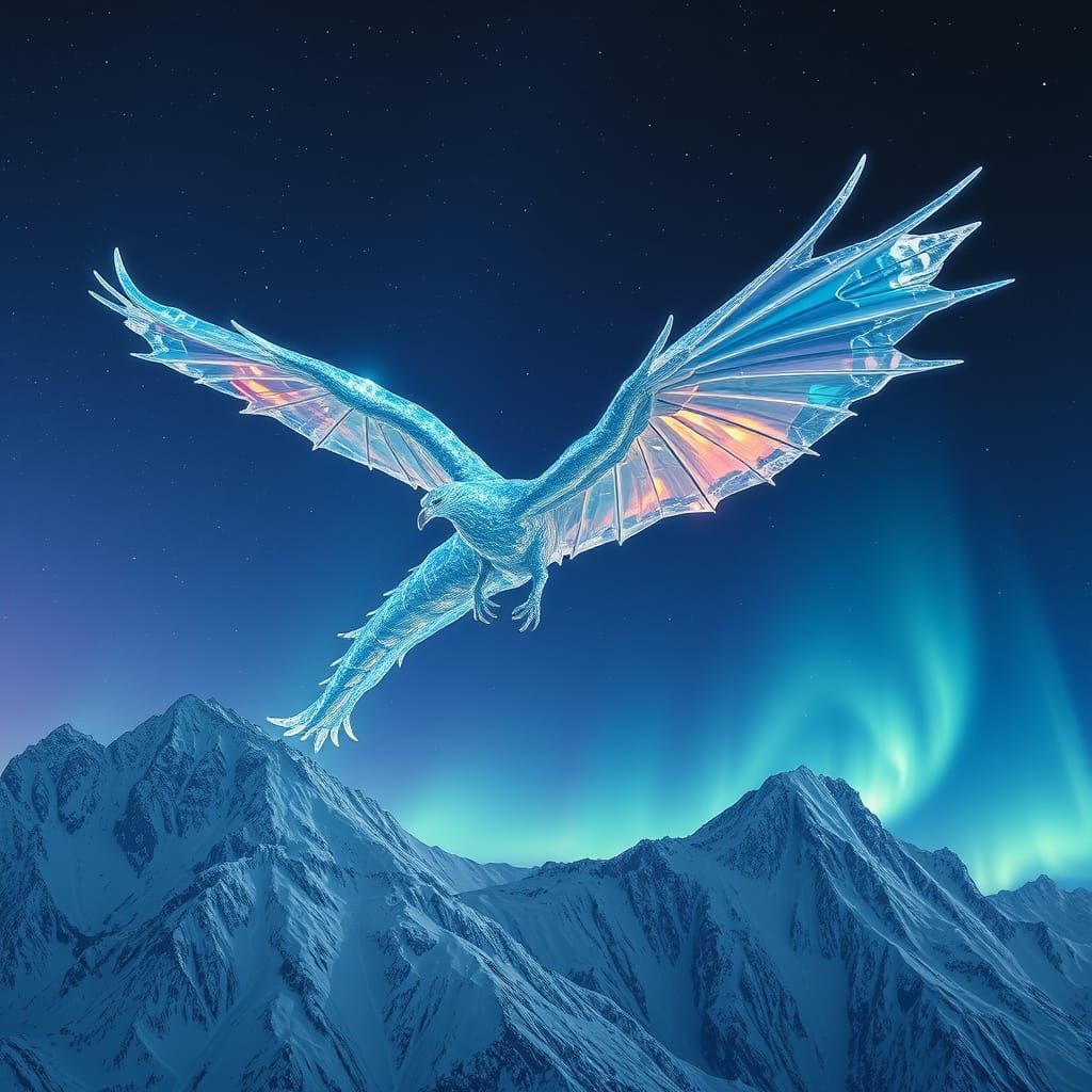 Crystal Dragon Soars Over Glaciated Mountains at Dawn