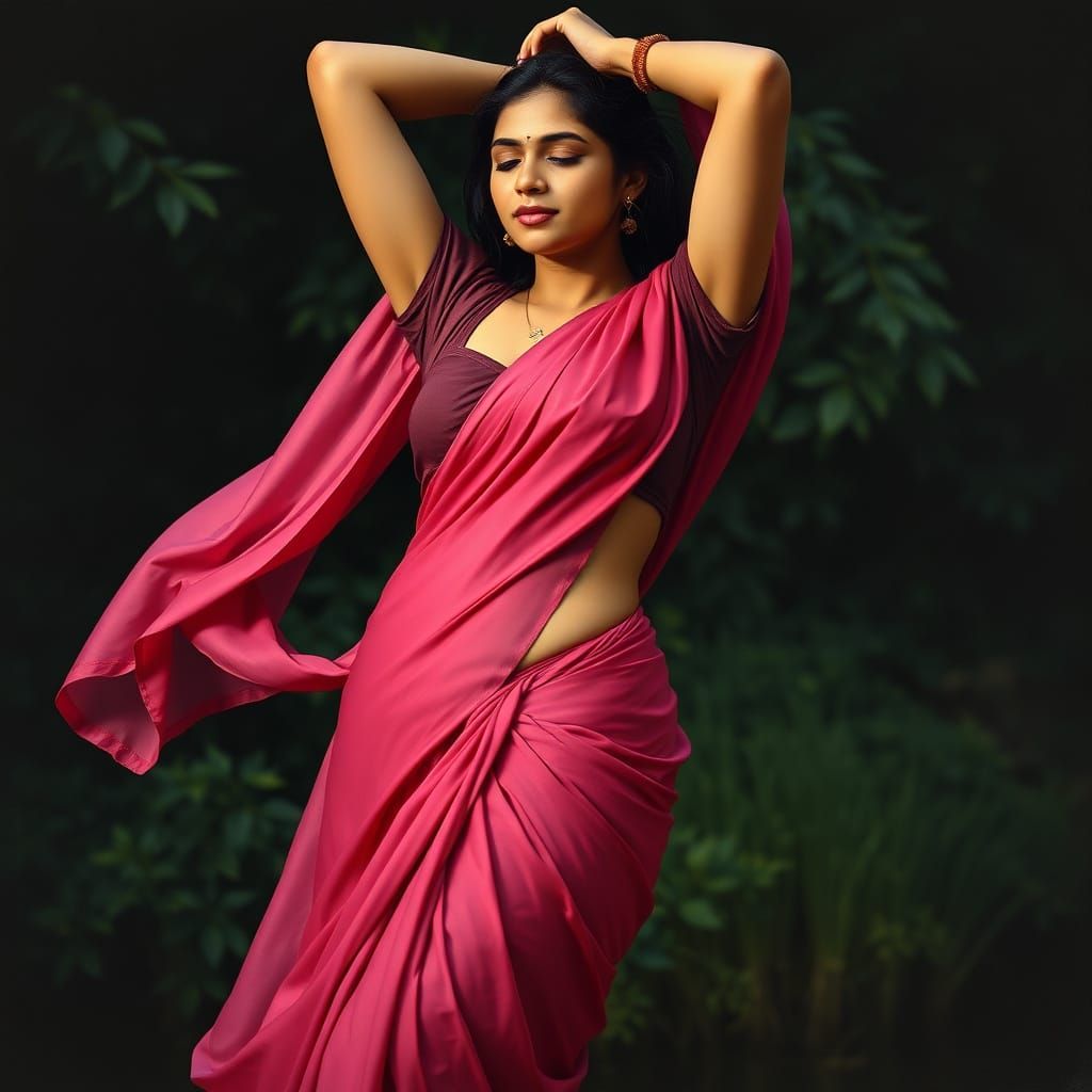 Ravi Varma painting style: Young South Indian village woman, likely 20s, of South Asian ethnicity, draped in a flowing d...