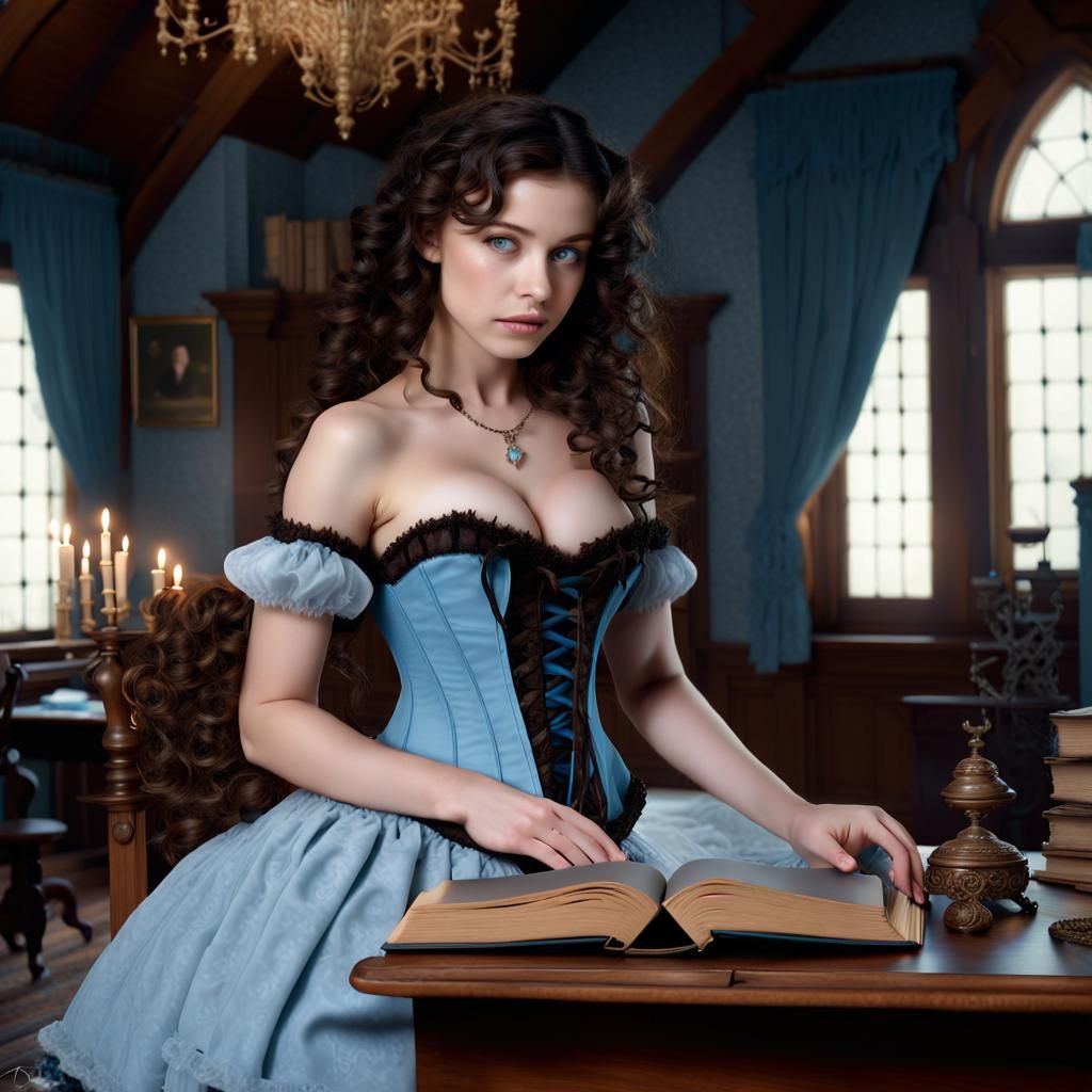 Young Witch Studying Spells in Victorian Attic