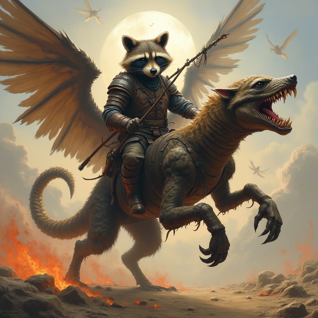 Armored Raccoon Warrior on Scorpion Battles Winged Demon