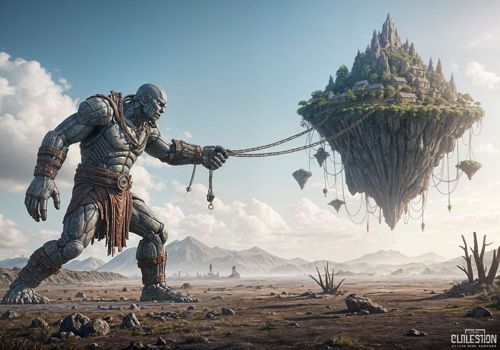 Colossus Giant Pulls Floating Island in Colorful Sky