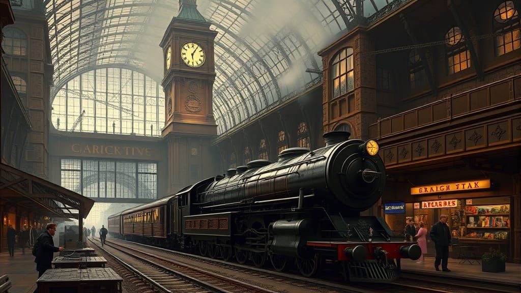 Grand Steampunk Train Station with Clock Tower and Steam Tra...