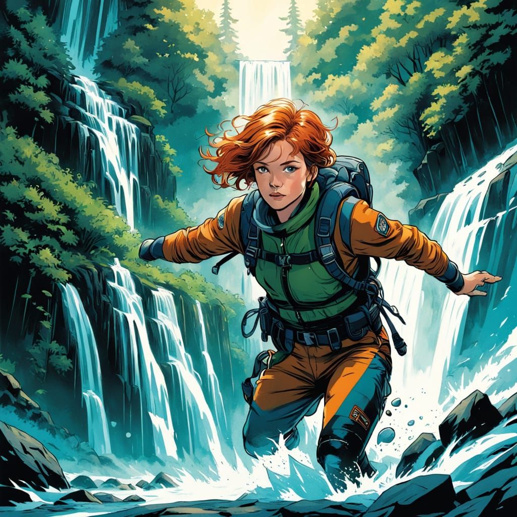 Adventurer Woman Dives Waterfall in Swiss Alps Comic Art