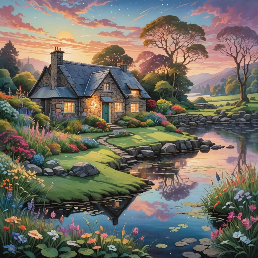 Stone Cottage by Loch at Sunrise in Astral Style