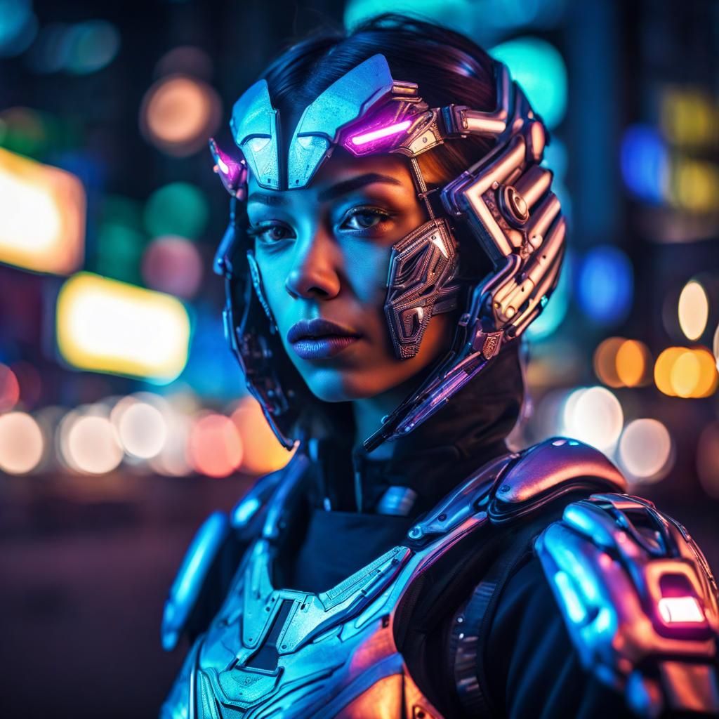 Cyborg Girl Portrait in Neon City, Hyperrealistic