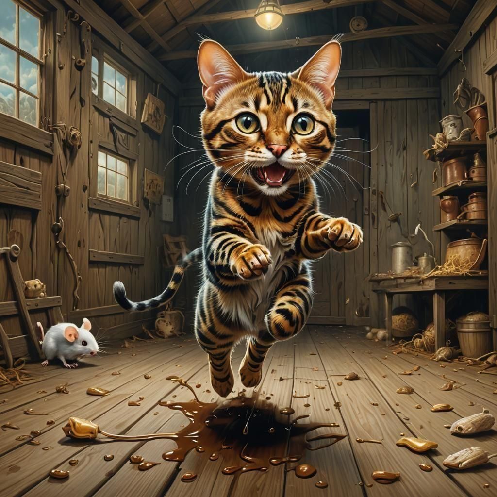 Surreal Bengal Cat Chase in Melting Oil