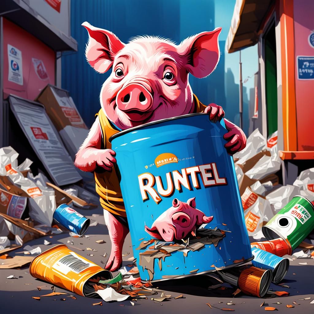 Anthropomorphic Pig Rummages in Trash, Cartoon Style