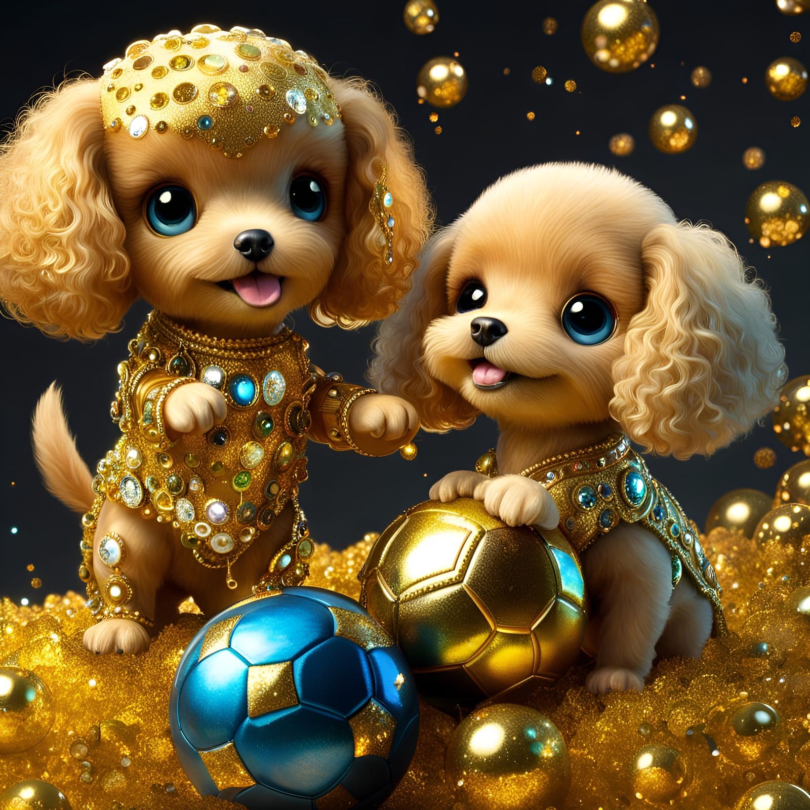 Cute Gold Glitter Baby Poodles Playing Football