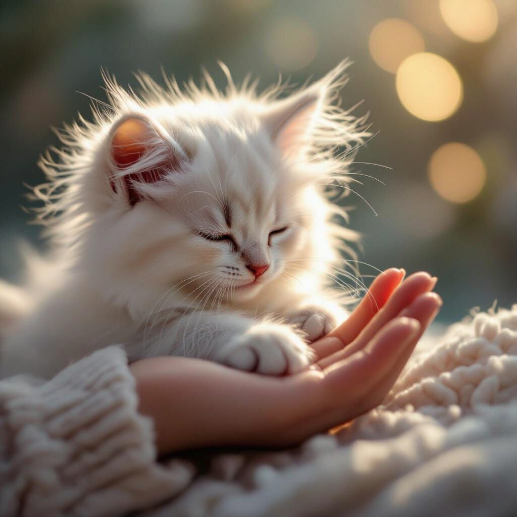 Fluffy Kitten Nuzzling Hand in Dreamy Pastel Light