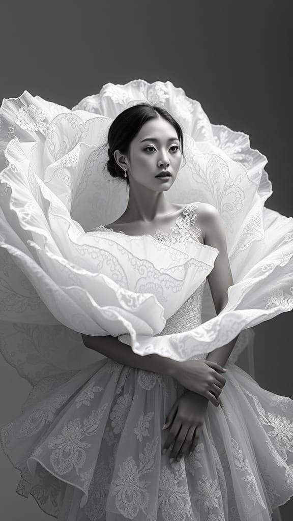 Serene Asian Goddess in Oversized Lace Rose