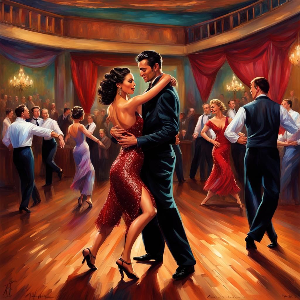 Tango Dancers in Ballroom with Vibrant Colors
