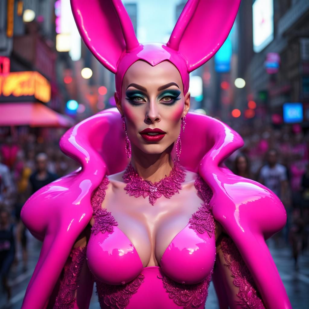 Drag Queen in Pink Latex Rabbit Suit, Dark Fantasy
