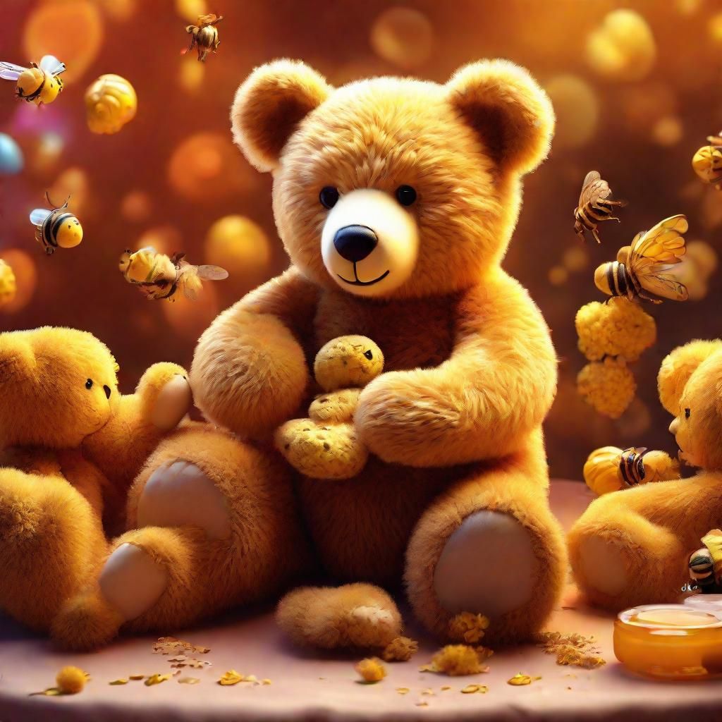 Teddy Bear's Honey Feast: Hyperrealistic Digital Art