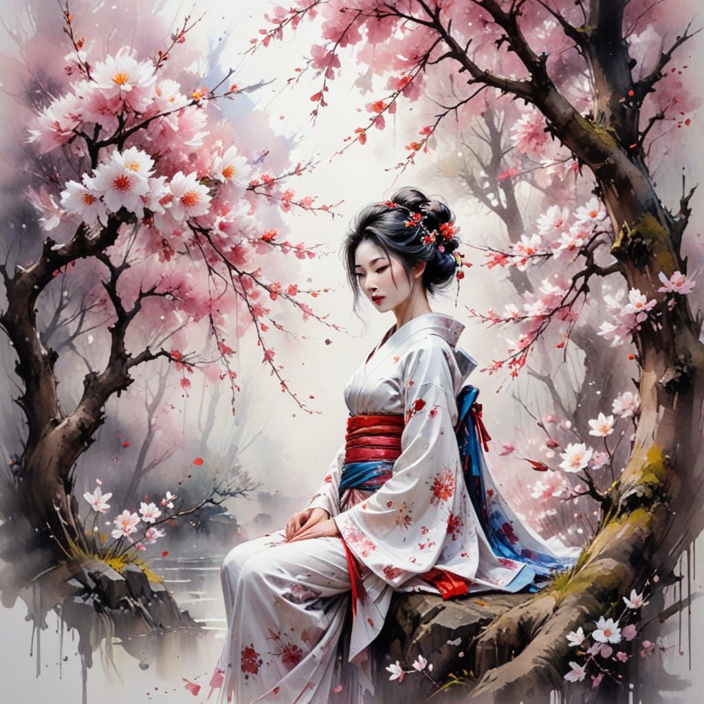 Ethereal Geisha in Vibrant Cherry Blossom Landscape