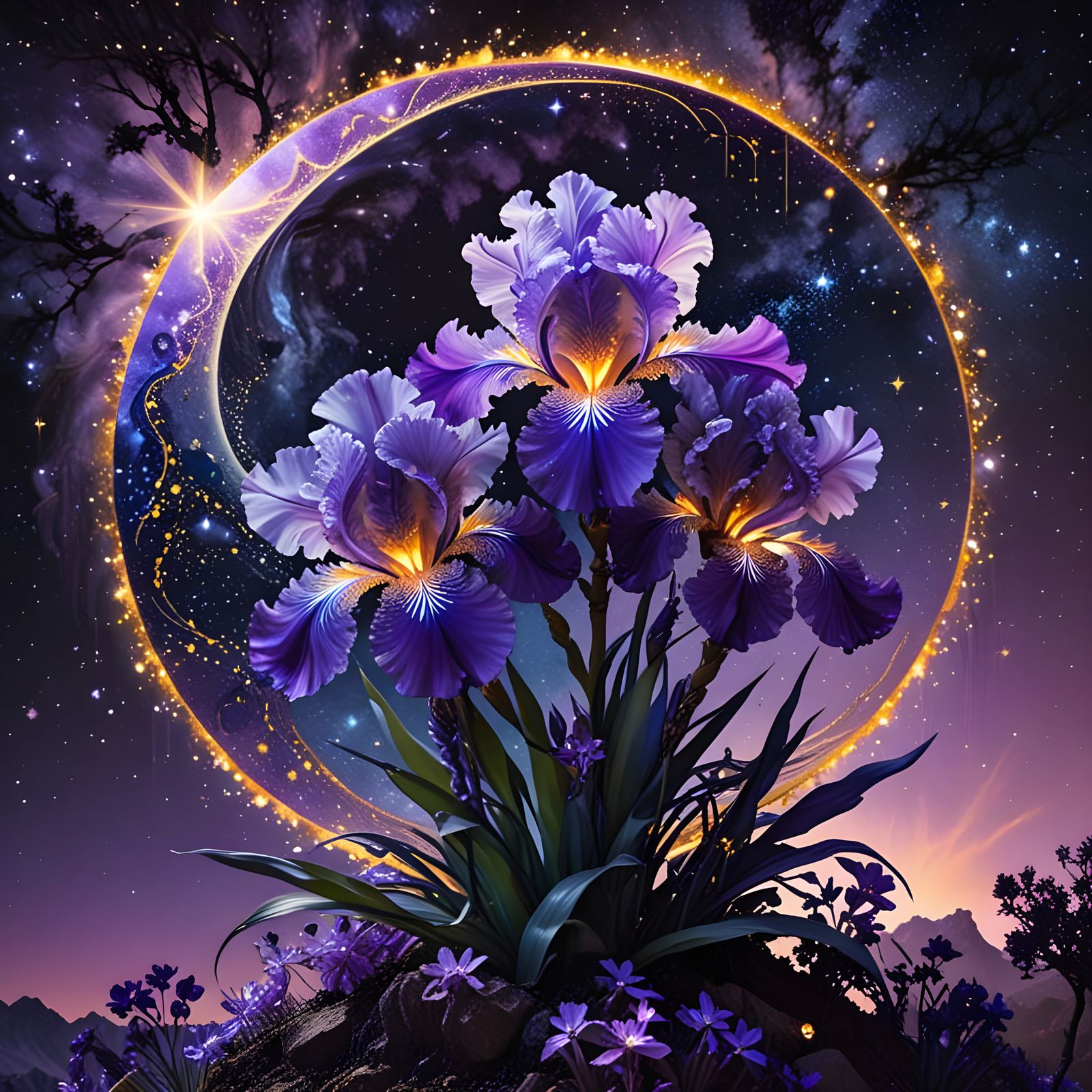 Crystal 'Purple Iris' Flower in Starry Night Sky, Luminescen...