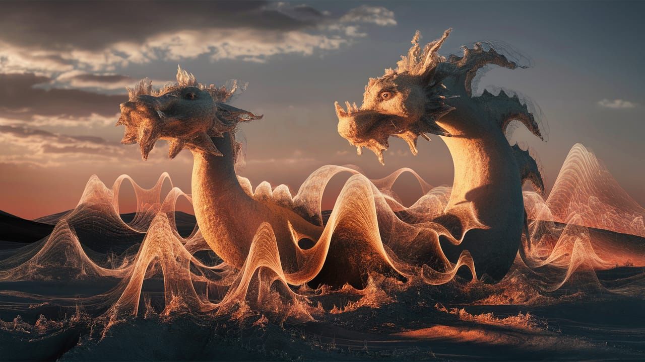 Fractal Dragon in Surreal Golden Hour Landscape