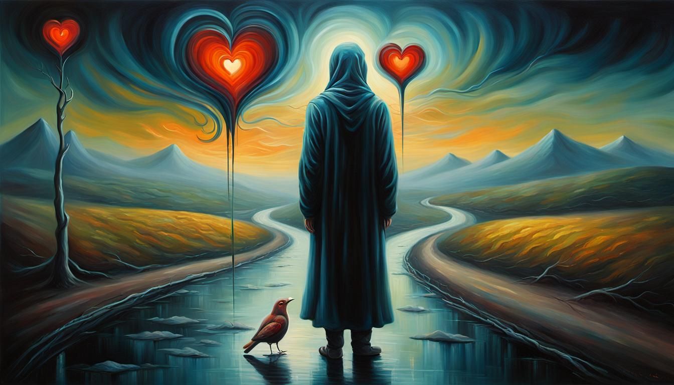 Surreal Figure at Crossroads with Two Hearts