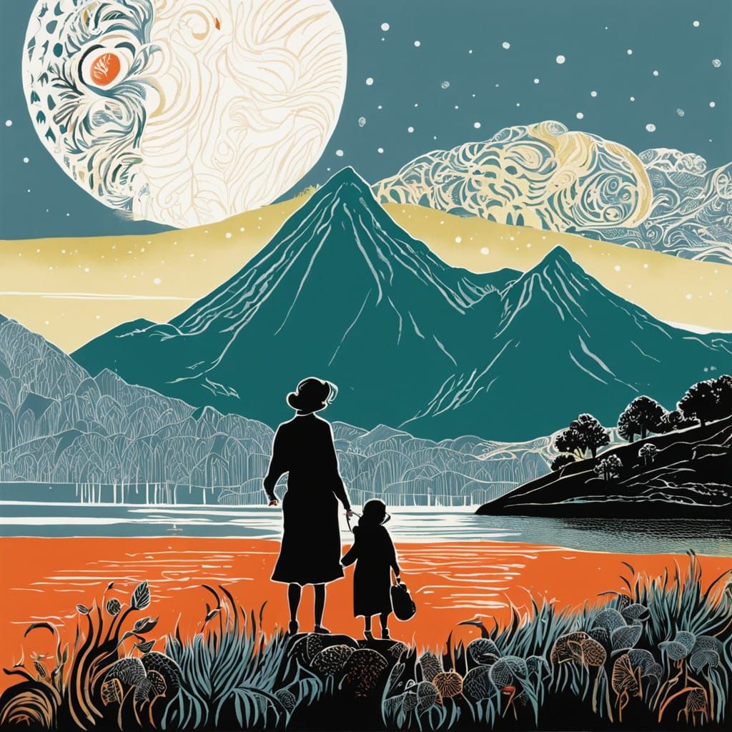 Whimsical Hand-Coloured Linocut with Intricate Details