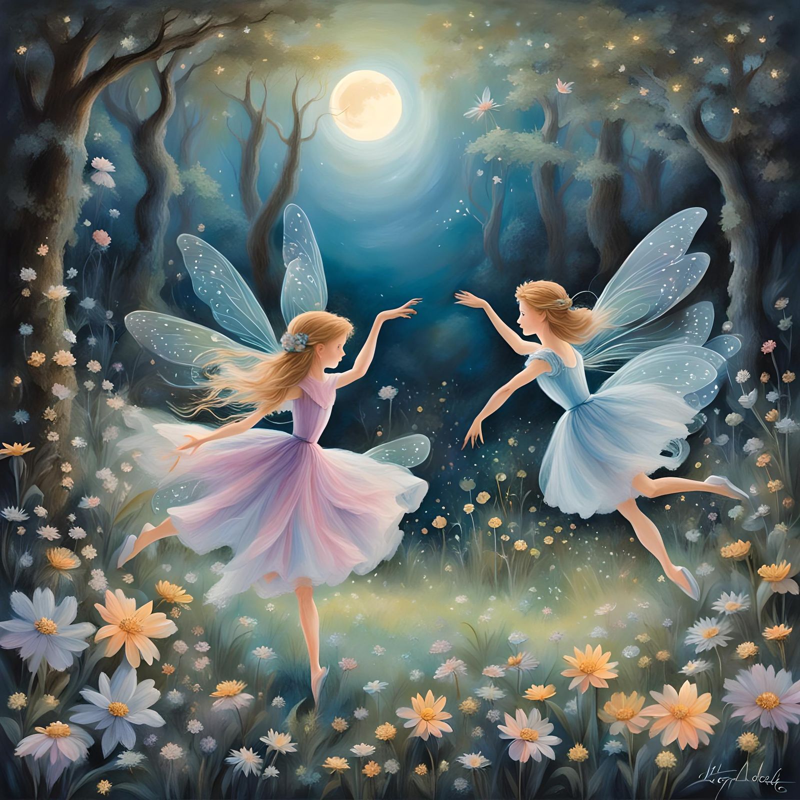 Fairies Dancing in Moonlit Glade, Pastel Art