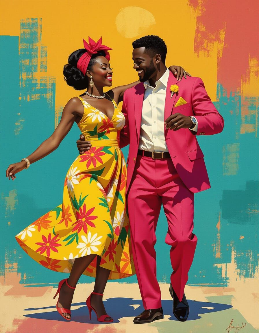 Vibrant Jamaican Couple Dancing in Hyperrealistic Style