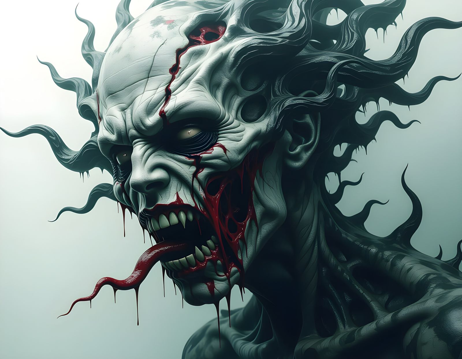 Disturbing Self-Devouring Face in Glitch Art Style