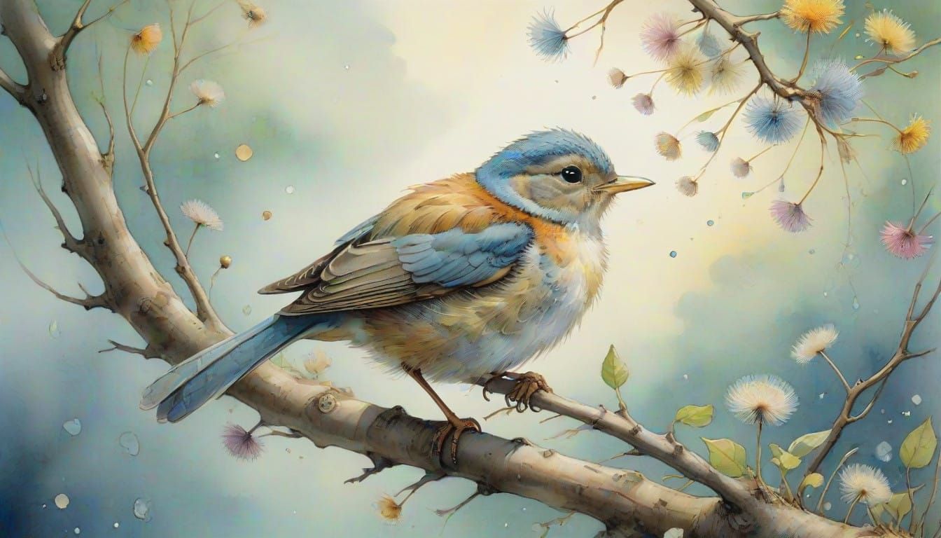 Pastel Paradise Bird Among Dandelion Seeds