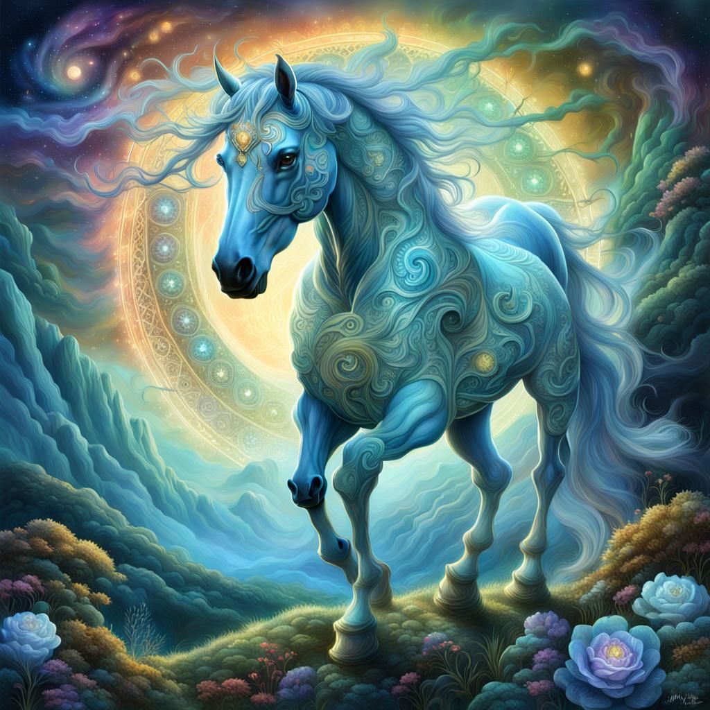 Opaline Horse Guardian in Ethereal Landscape