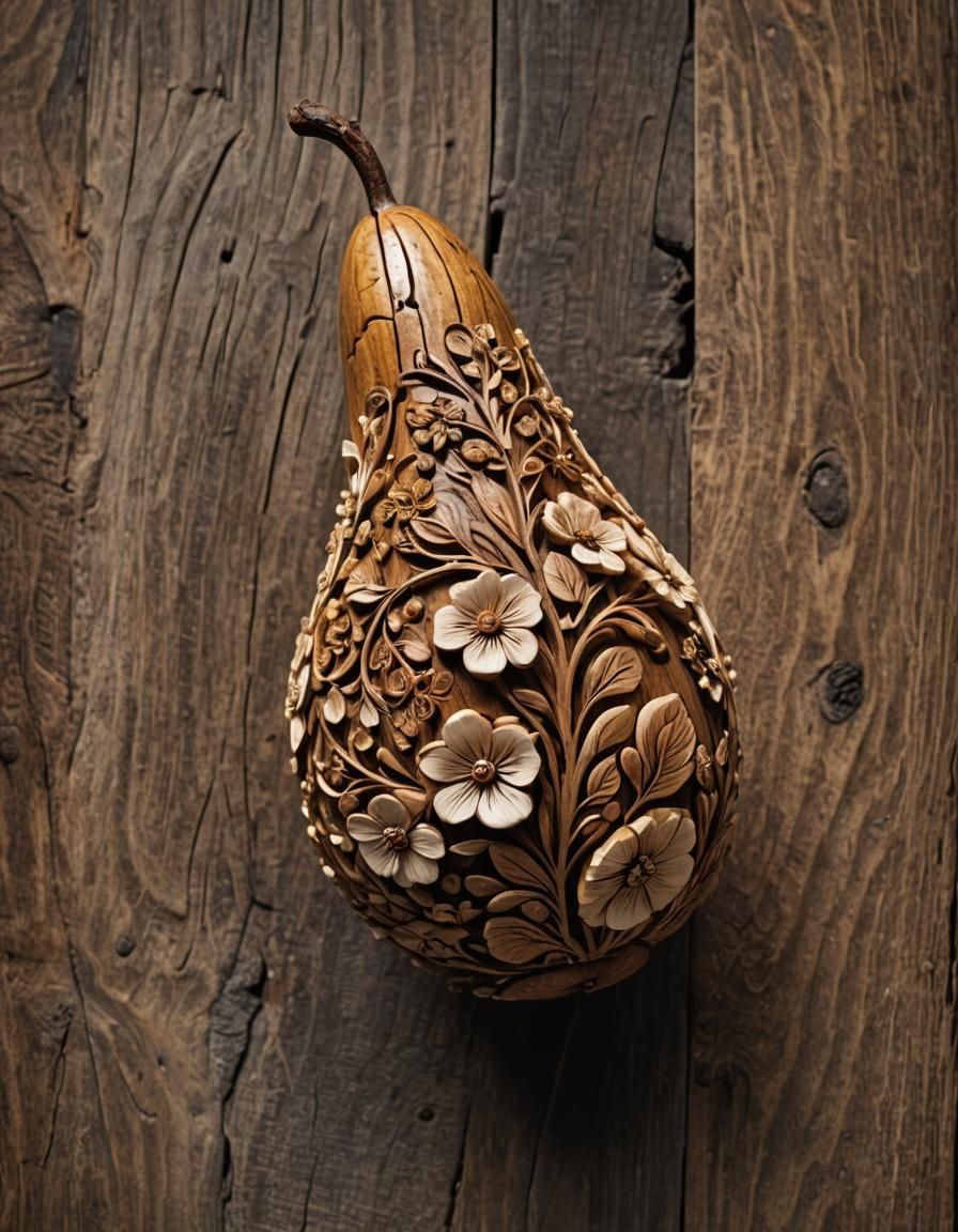 Wooden Pear with Carved Flowers: Macro Still Life