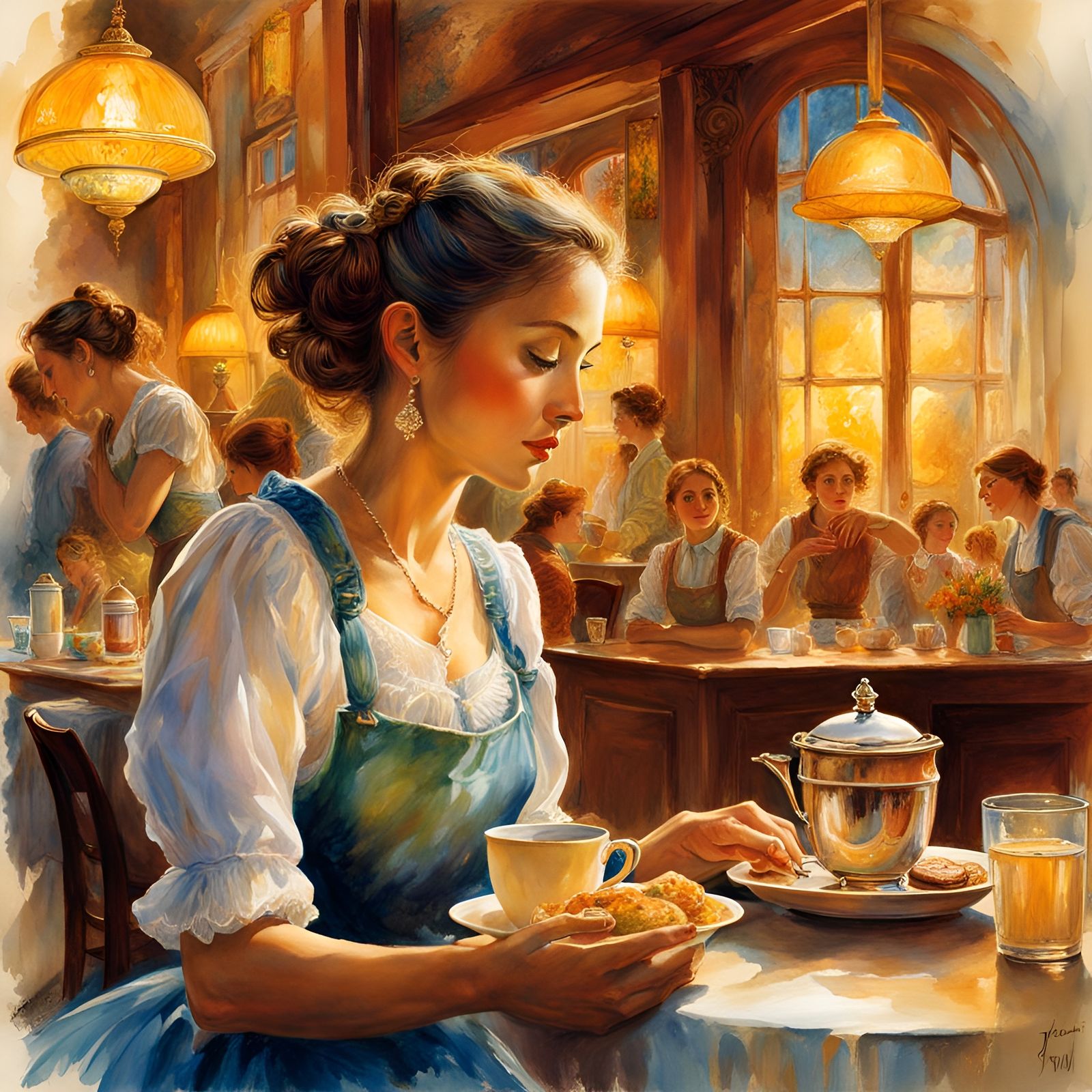 Cafe Waitress in Loose Watercolor Style